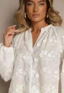 Biała Koszula Zapinana na Guziki z Haftowanej Tkaniny Glemma