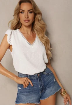 Biała Koszulka Top bez Rękawów Ozdobiony Falbankami przy Rękawach Fievana