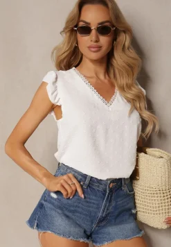 Biała Koszulka Top bez Rękawów Ozdobiony Falbankami przy Rękawach Fievana