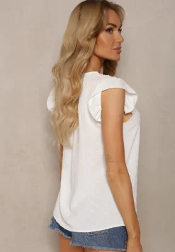 Biała Koszulka Top bez Rękawów Ozdobiony Falbankami przy Rękawach Fievana