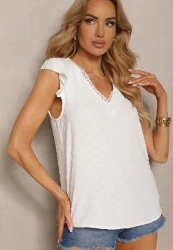 Biała Koszulka Top bez Rękawów Ozdobiony Falbankami przy Rękawach Fievana