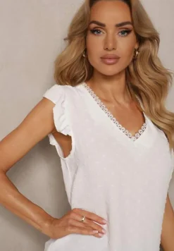 Biała Koszulka Top bez Rękawów Ozdobiony Falbankami przy Rękawach Fievana