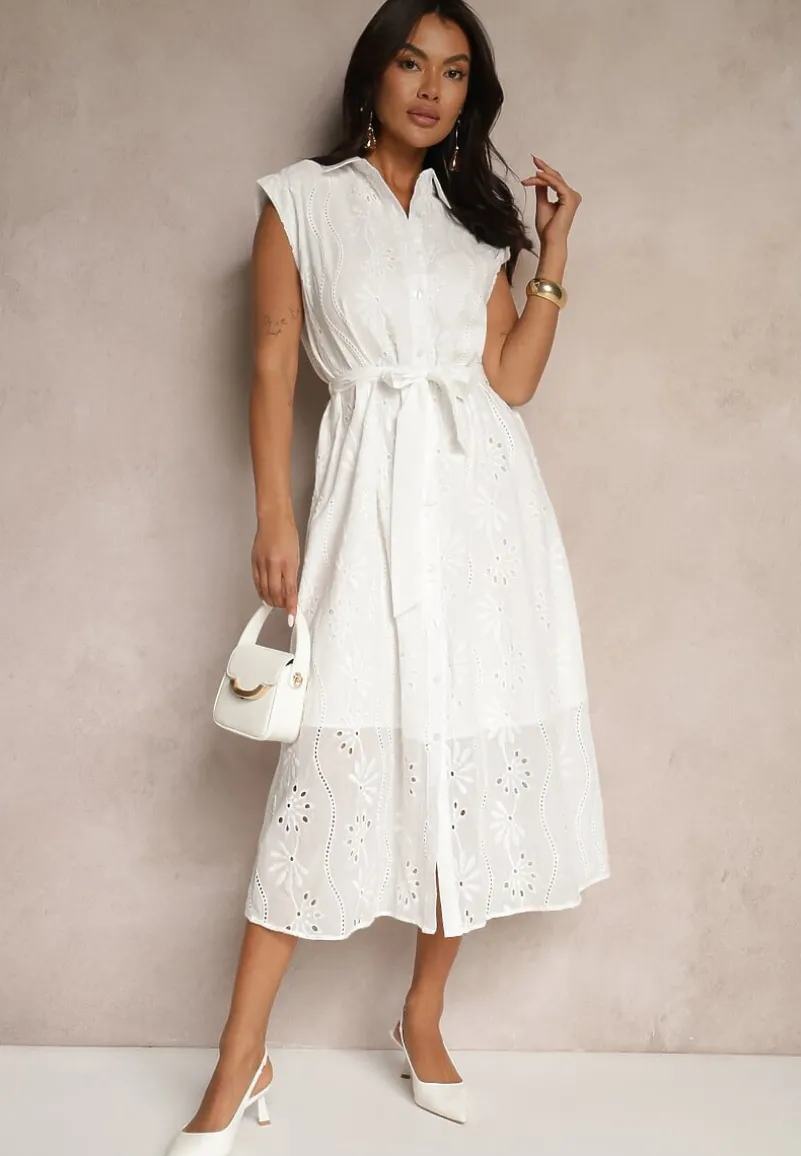 Biała Koszulowa Bawełniana Sukienka Ozdobiona Paskiem i Haftem Eleawenta