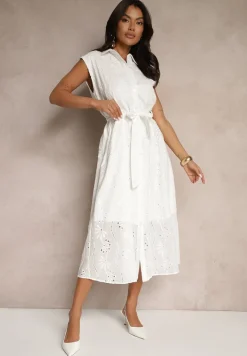 Biała Koszulowa Bawełniana Sukienka Ozdobiona Paskiem i Haftem Eleawenta