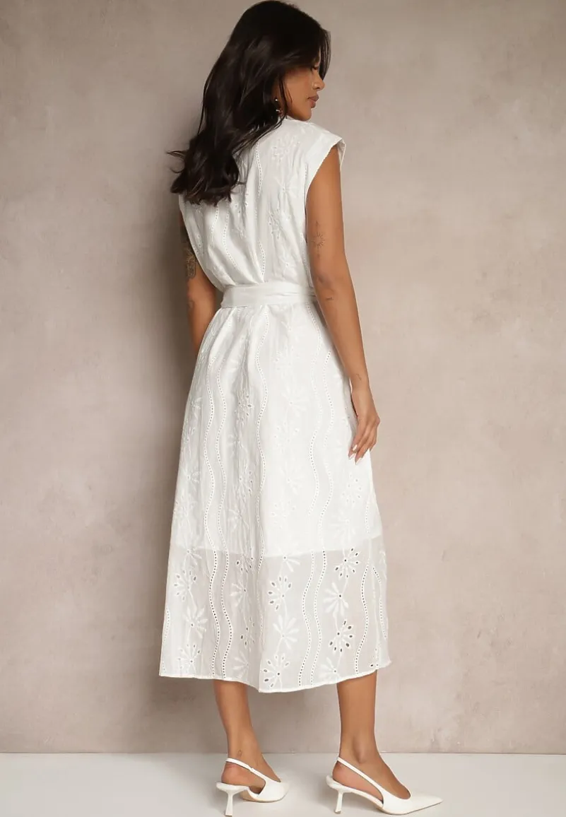 Biała Koszulowa Bawełniana Sukienka Ozdobiona Paskiem i Haftem Eleawenta