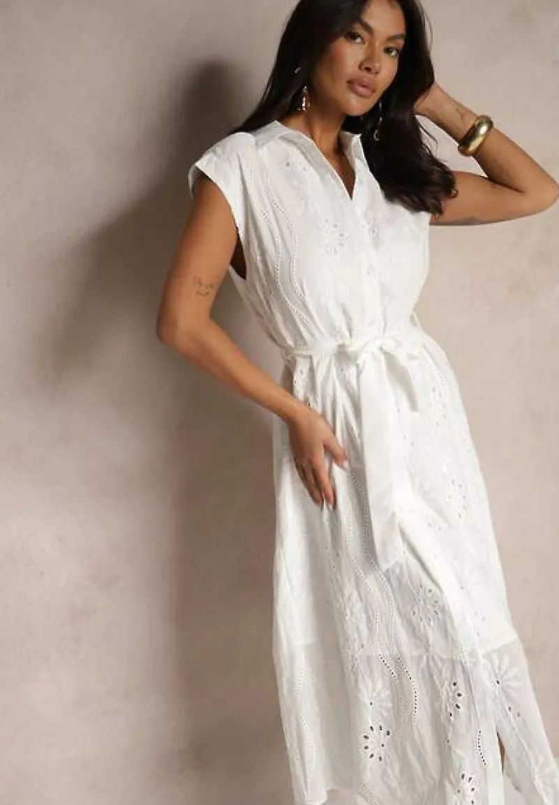 Biała Koszulowa Bawełniana Sukienka Ozdobiona Paskiem i Haftem Eleawenta
