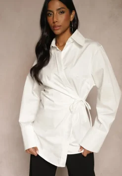 Biała Koszulowa Bluzka Kimono z Bawełny o Asymetrycznym Kroju Wiązana w Pasie Delainor