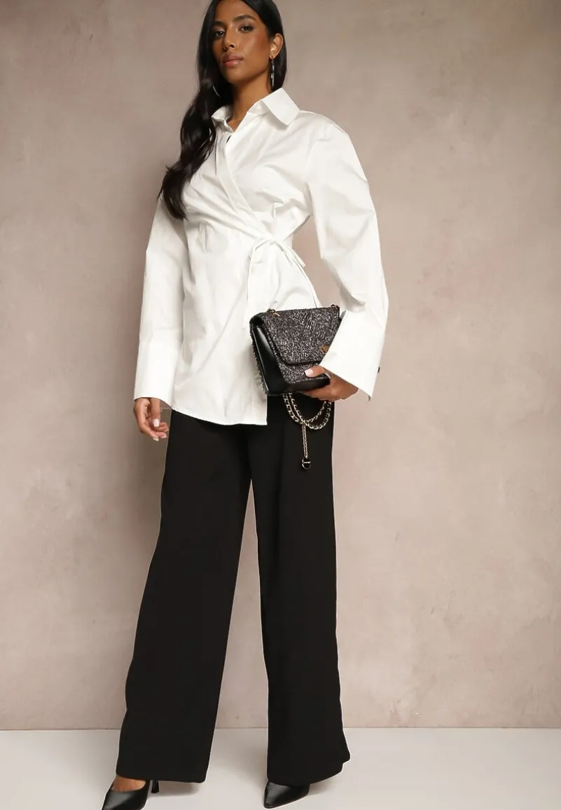 Biała Koszulowa Bluzka Kimono z Bawełny o Asymetrycznym Kroju Wiązana w Pasie Delainor