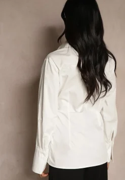 Biała Koszulowa Bluzka Kimono z Bawełny o Asymetrycznym Kroju Wiązana w Pasie Delainor