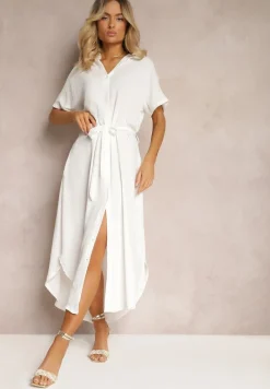 Biała Koszulowa Sukienka z Wiskozy z Materiałowym Paskiem w Talii Gialara