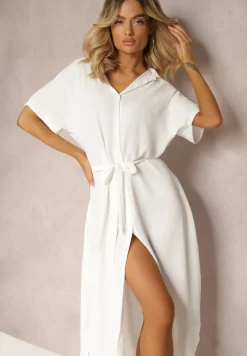 Biała Koszulowa Sukienka z Wiskozy z Materiałowym Paskiem w Talii Gialara