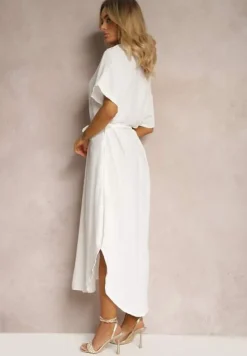 Biała Koszulowa Sukienka z Wiskozy z Materiałowym Paskiem w Talii Gialara