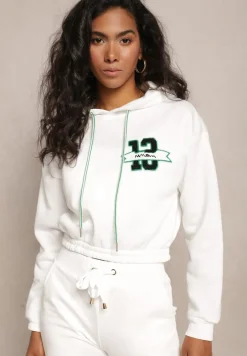 Biała Krótka Bluza z Kapturem Ściągaczami i Ozdobnym Nadrukiem Relis