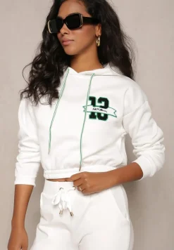 Biała Krótka Bluza z Kapturem Ściągaczami i Ozdobnym Nadrukiem Relis