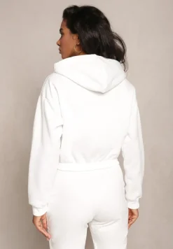 Biała Krótka Bluza z Kapturem Ściągaczami i Ozdobnym Nadrukiem Relis