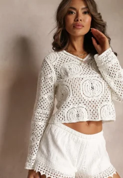 Biała Krótka Bluzka z Ażurowej Bawełny z Długimi Rękawami Hrisa