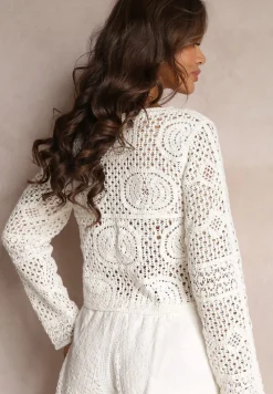 Biała Krótka Bluzka z Ażurowej Bawełny z Długimi Rękawami Hrisa