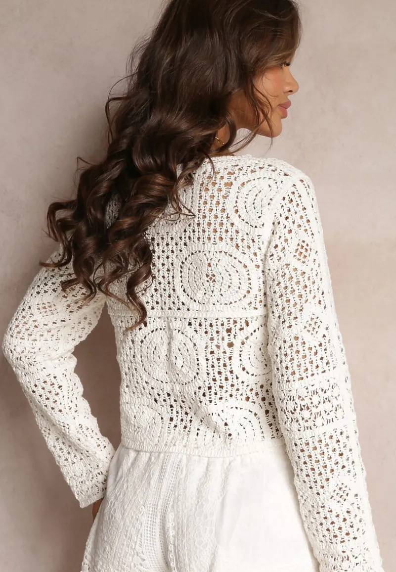 Biała Krótka Bluzka z Ażurowej Bawełny z Długimi Rękawami Hrisa