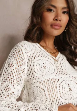 Biała Krótka Bluzka z Ażurowej Bawełny z Długimi Rękawami Hrisa