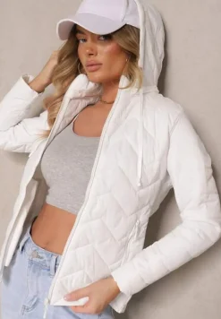 Biała Kurtka Przejściowa z Pikowaniem i Odpinanym Kapturem Leopia