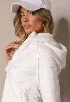 Biała Kurtka Przejściowa z Pikowaniem i Odpinanym Kapturem Leopia