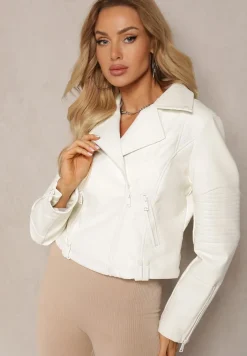 Biała Kurtka Ramoneska w Motocyklowym Stylu z Suwakami z Ekoskóry Mephirra