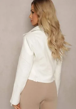 Biała Kurtka Ramoneska w Motocyklowym Stylu z Suwakami z Ekoskóry Mephirra