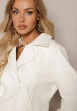 Biała Kurtka Ramoneska w Motocyklowym Stylu z Suwakami z Ekoskóry Mephirra