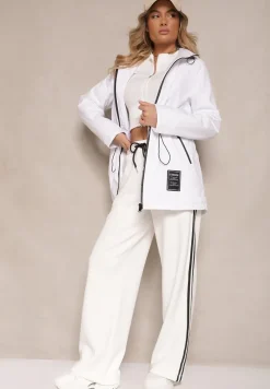 Biała Kurtka Typu Parka ze Ściągaczem w Talii z Kapturem i Kieszeniami Daroma