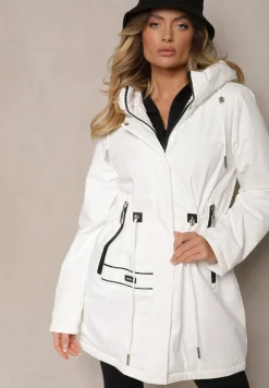 Biała Kurtka w Stylu Parki na Napy ze Ściągaczami w Pasie Ardodia