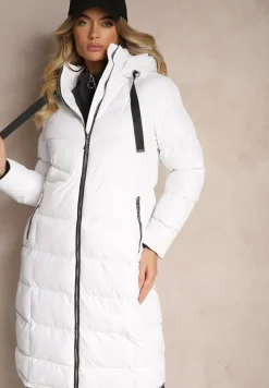 Biała Kurtka z Kapturem i Pikowanymi Przeszyciami Zdobiona Szerokimi Taśmami Etterisa