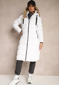 Biała Kurtka z Kapturem i Pikowanymi Przeszyciami Zdobiona Szerokimi Taśmami Etterisa