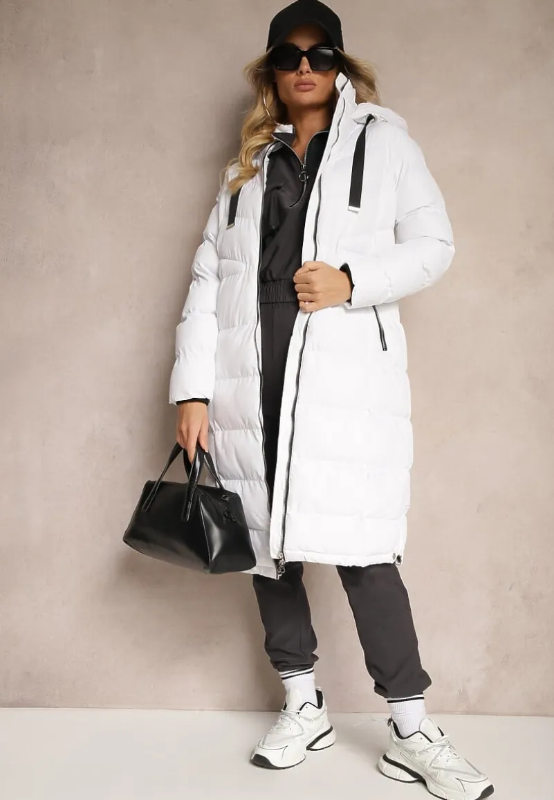 Biała Kurtka z Kapturem i Pikowanymi Przeszyciami Zdobiona Szerokimi Taśmami Etterisa
