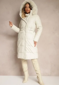 Biała Kurtka z Pikowanymi Przeszyciami i Kapturem z Futrem z Możliwością Odpięcia Innaia