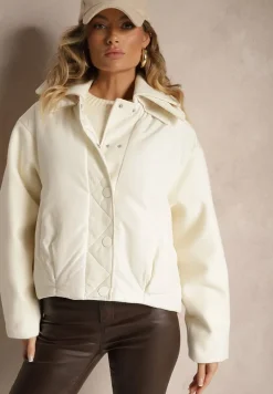 Biała Kurtka Zapinana na Napy z Odpinanym Kołnierzem i Materiałowymi Wstawkami Liolie