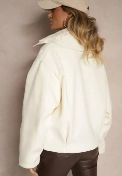 Biała Kurtka Zapinana na Napy z Odpinanym Kołnierzem i Materiałowymi Wstawkami Liolie