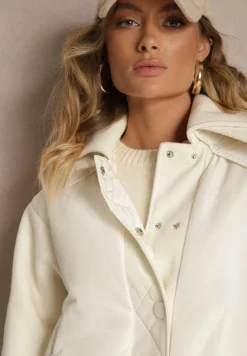 Biała Kurtka Zapinana na Napy z Odpinanym Kołnierzem i Materiałowymi Wstawkami Liolie