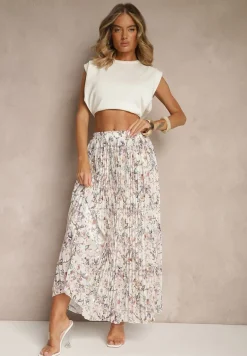 Biała Kwiecista Spódnica Rozkloszowana z Plisami Zdobiona Metalicznym Nadrukiem Folonissa