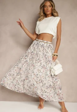 Biała Kwiecista Spódnica Rozkloszowana z Plisami Zdobiona Metalicznym Nadrukiem Folonissa