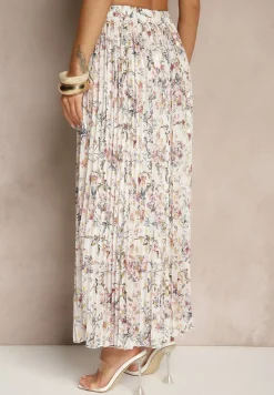 Biała Kwiecista Spódnica Rozkloszowana z Plisami Zdobiona Metalicznym Nadrukiem Folonissa