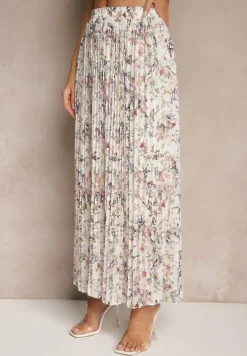 Biała Kwiecista Spódnica Rozkloszowana z Plisami Zdobiona Metalicznym Nadrukiem Folonissa