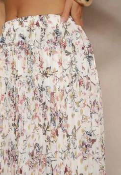 Biała Kwiecista Spódnica Rozkloszowana z Plisami Zdobiona Metalicznym Nadrukiem Folonissa