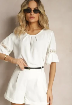 Biała Luźna Bluzka z Ażurową Wstawką na Rękawach Birian