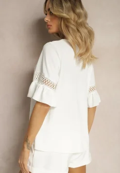 Biała Luźna Bluzka z Ażurową Wstawką na Rękawach Birian