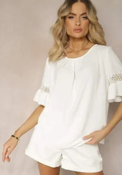 Biała Luźna Bluzka z Ażurową Wstawką na Rękawach Birian