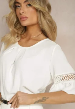 Biała Luźna Bluzka z Ażurową Wstawką na Rękawach Birian
