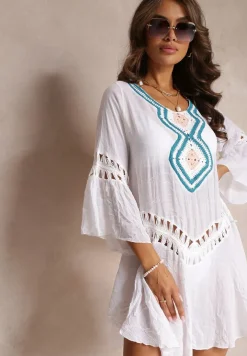 Biała Luźna Sukienka Mini Narzutka z Szydełkowym Zdobieniem Elvin