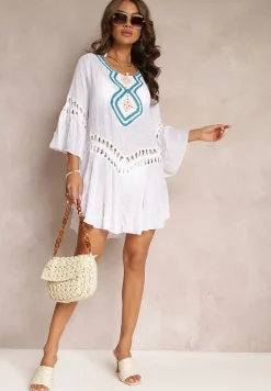Biała Luźna Sukienka Mini Narzutka z Szydełkowym Zdobieniem Elvin