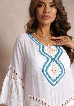 Biała Luźna Sukienka Mini Narzutka z Szydełkowym Zdobieniem Elvin