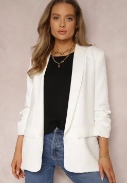 Biała Marynarka Niezapinana z Marszczonymi Rękawami Orolea